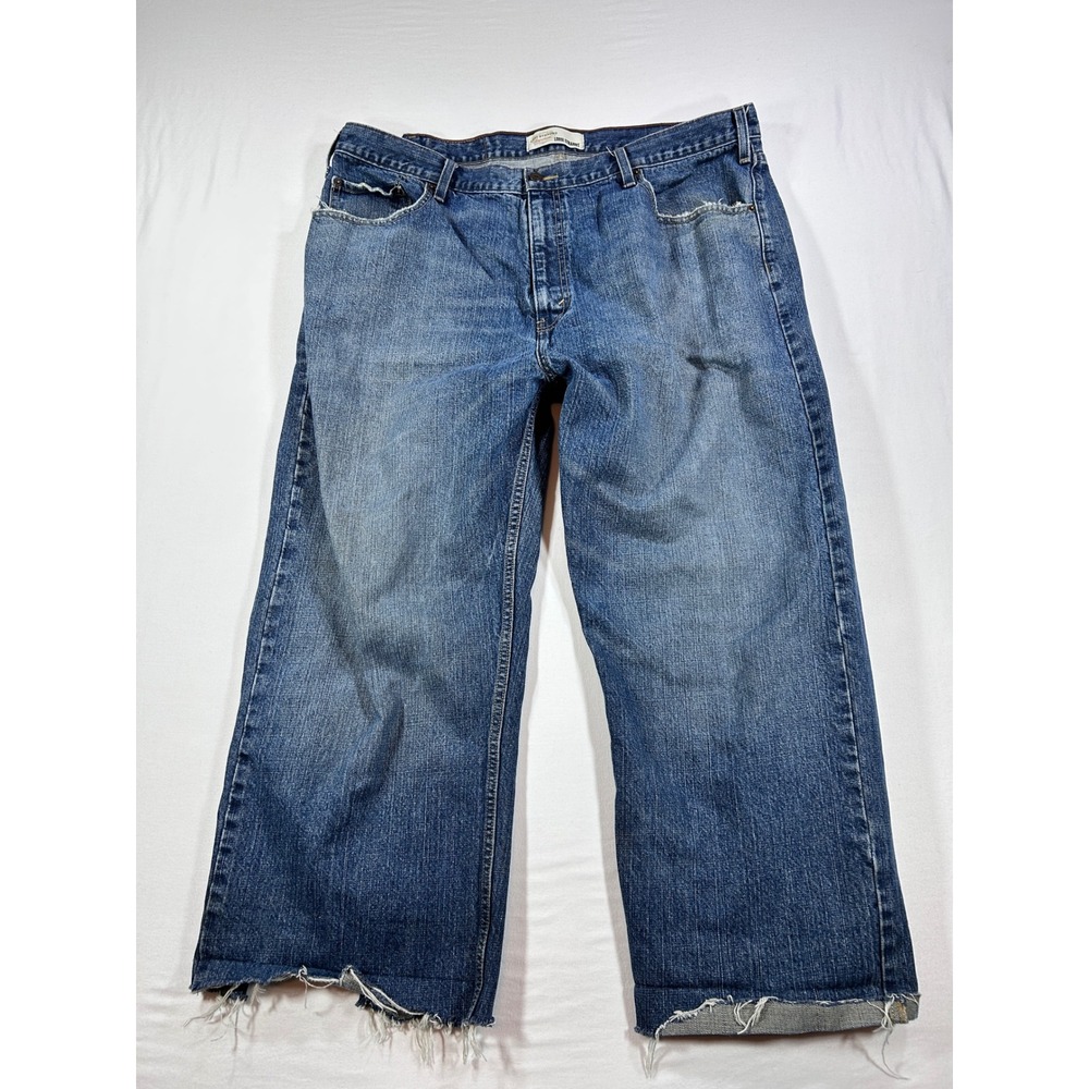 Levi Strauss Signature Loose Straight Jeans Mens 40 Blue Cut Raw Hem Distressed